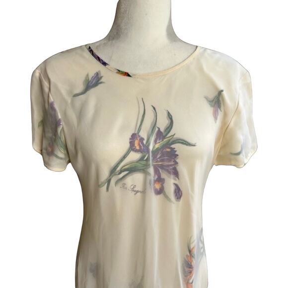 Vintage Ivory Iris Chiffon Sheer Overlay High-Low Floral Midi Dress Size 14 Mica - Picture 11 of 16